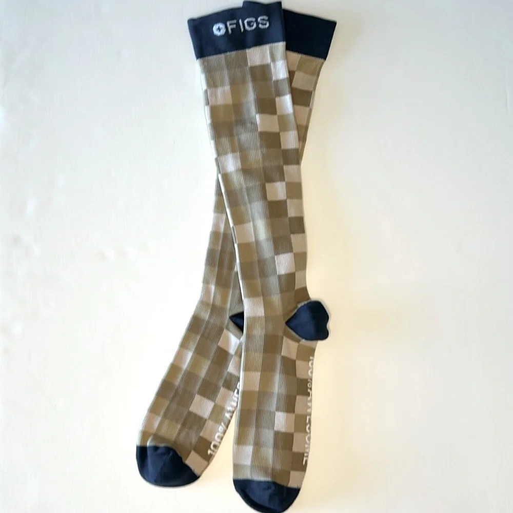 FIGS New Checks Compression Socks 100% AWESOME Small Tan Navy Blue White
